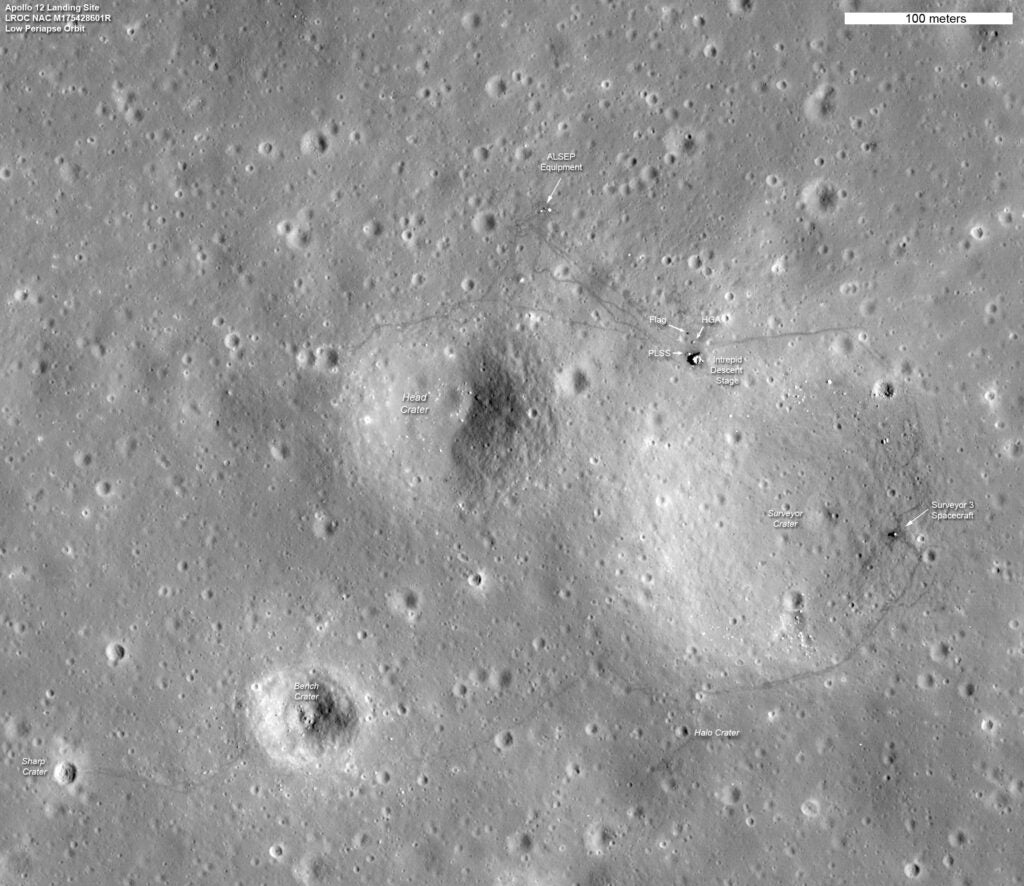 This LRO image shows both Apollo’s 12’s landing site and Surveyor 3’s. The dark lines crossing the surface show where the astronauts walked within a radius of 0.31 miles. They spent seven and a half hours exploring the surface.