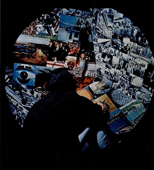 " 'Bye for now,' says the man of the house as he retreats into think tank. Though it dominates a room, it can be quickly disassembled. At left, Isaacs contemplates interior collage. Interior face of each pentagon is covered with magazine photos chosen for response they stimulate in you. Apply them, overlapped, by brushing thick wallpaper paste on back of moistened page." Read the full story in our November 1970 issue: Your Very Own Meditator.