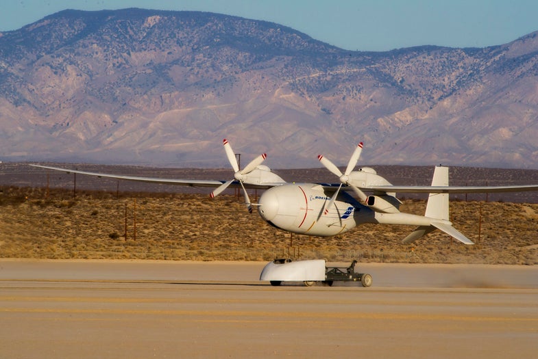 The pot-bellied hydrogen-powered airplane takes off using a special plane-skateboard.