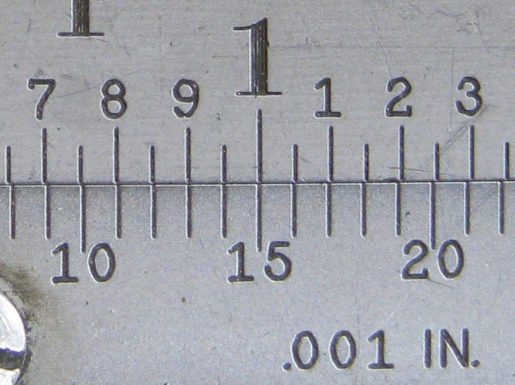 A closeup of lined-up marks on a vernier caliper.