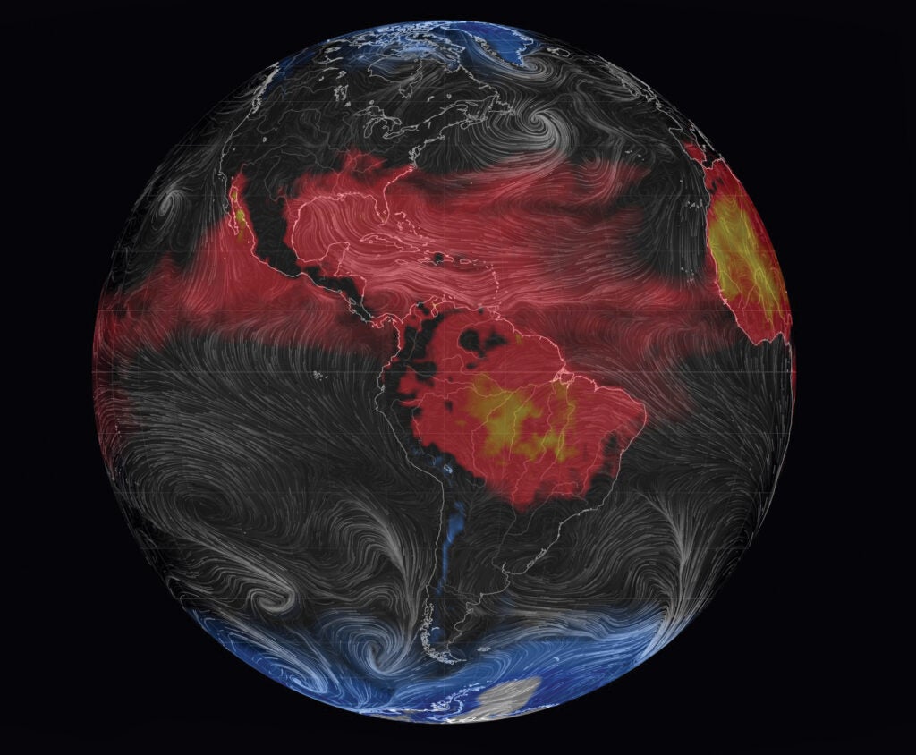 weather patterns visualized on a 3-D computer model of Earth