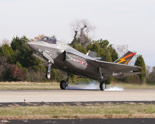 The first F-35B short takeoff/vertical landing variant touches down at Naval Air Station Patuxent River, Md., on Sunday, Nov. 15. The supersonic stealth fighter will immediately begin test flights that will lead to hovers and vertical landings in the coming weeks. (PRNewsFoto/Lockheed Martin Aeronautics Company)