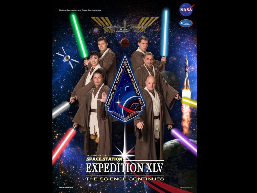 The six astronauts embarking on the year-long International Space Station Expedition 45 mission <a href="http://www.theverge.com/2015/2/12/8030859/star-wars-official-poster-nasa-space-station">posed</a> for a <em>Star Wars</em>-themed poster. From the light sabers to the Death Star included in the background, there's a lot of nerdery to revel in.
