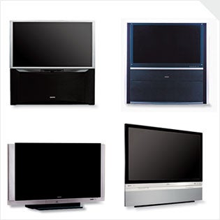 Clockwise from top left: Hitachi 51S500 51-inch monitor, Toshiba 57HL83 57-inch monitor, RCA Scenium HDLP61W151 61-inch HDTV, Sony KDF 70XBR950 70-inch HDTV