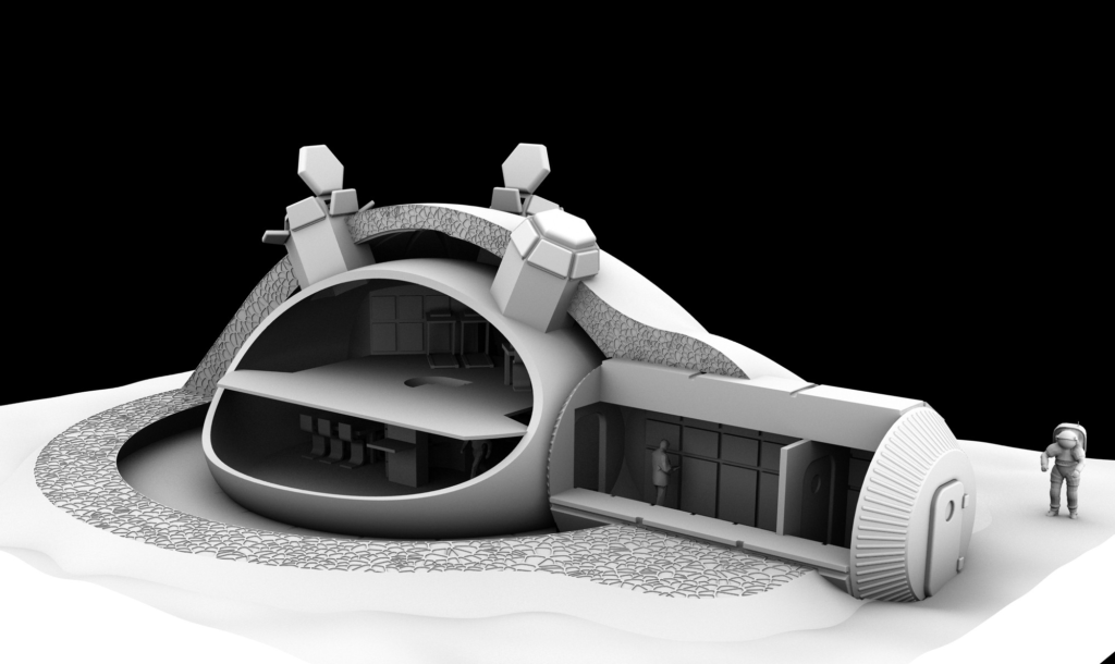 For ESA's 3D-printed lunar base concept, Foster+Partners devised a weight-bearing 'catenary' dome design with a cellular structured wall to shield against micrometeoroids and space radiation, incorporating a pressurised inflatable area to shelter astronauts.