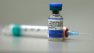measles, mumps, and rubella (MMR) vaccine by Merck and injection needle