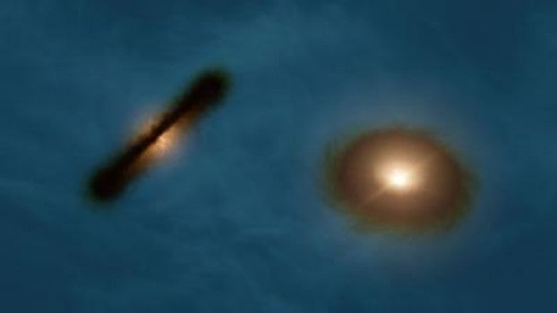 Planets in a solar system all tend to orbit around the same plane. But for exoplanets outside, orbits are far less predictable; they can behave irregularly or have odd shapes or alignments. But researchers at the Atacama Large Millimeter/submillimeter Array (ALMA) telescope in Chile have gotten their first clear glimpse of two young stars with gas clouds that are in very different alignments, despite being a binary system. As the stars in HK Tauri cool, their gas clouds will clump together to form planets, which may be pulled in different directions thanks to the competing gravitational pulls of the misaligned stars. This image is an artist's rendering of ALMA's discovery.