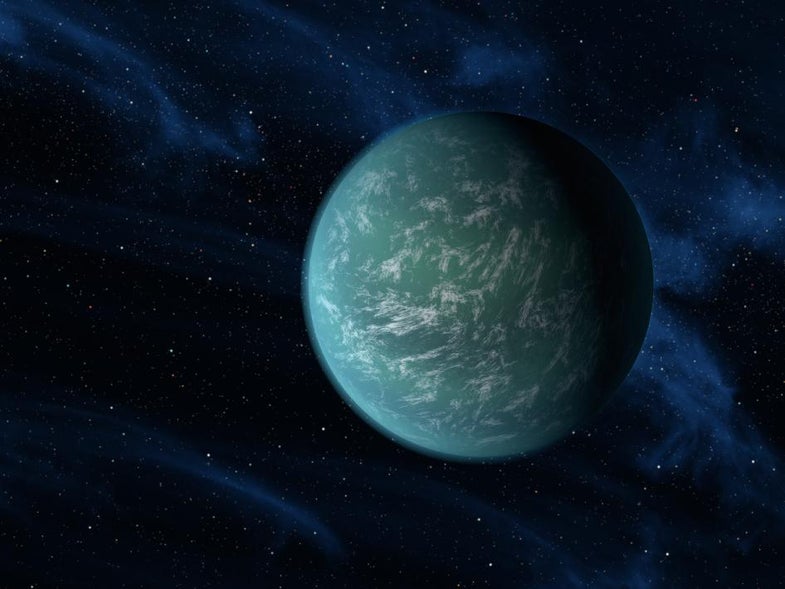 Kepler-22b, just 2.4 times the size of Earth, is the first planet known to comfortably circle in the habitable zone of a sun-like star. Scientists do not yet know if the planet has a rocky, gaseous, or liquid composition. It's possible that the world would have clouds in its atmosphere, as depicted here.