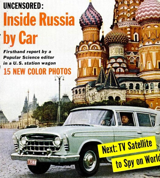 Vintage cover of the PopSci Magazine showing Harry Walton in a car