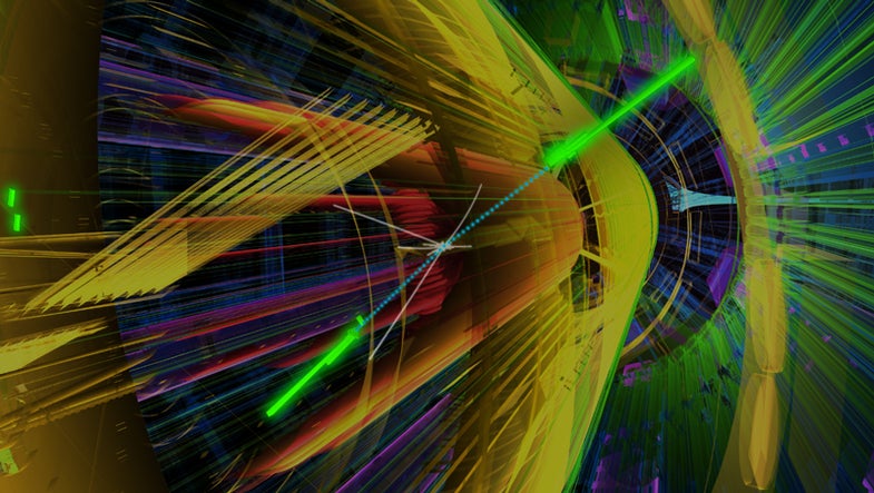 A simulation of the two-photon channel shows what ATLAS sees when the decay of a Higgs boson results in the production of two gamma rays. The blue beads indicate intermediate massive particles, and the bright green rods are the gamma-ray tracks. While the two-photon channel is the least likely Higgs decay, it is easier to observe than others with even noisier backgrounds.