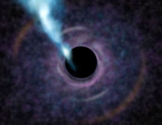 Artist's concept of what a future telescope might see in looking at the black hole at the heart of the galaxy M87. Clumpy gas swirls around the black hole in an accretion disk, feeding the central beast. The black area at center is the black hole itself, defined by the event horizon, beyond which nothing can escape. The bright blue jet shooting from the region of the black hole is created by gas that never made it into the hole itself but was instead funneled into a very energetic jet.