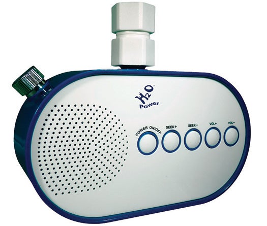 This water-pressure-powered radio runs off the flow from your shower. When connected between the showerhead and a handheld hose, it channels water through an internal turbine, which drives a generator that plays your tunes. H2O Shower Power Radio, $50; <a href="http://www.waterpowerradio.com/">H2O</a>