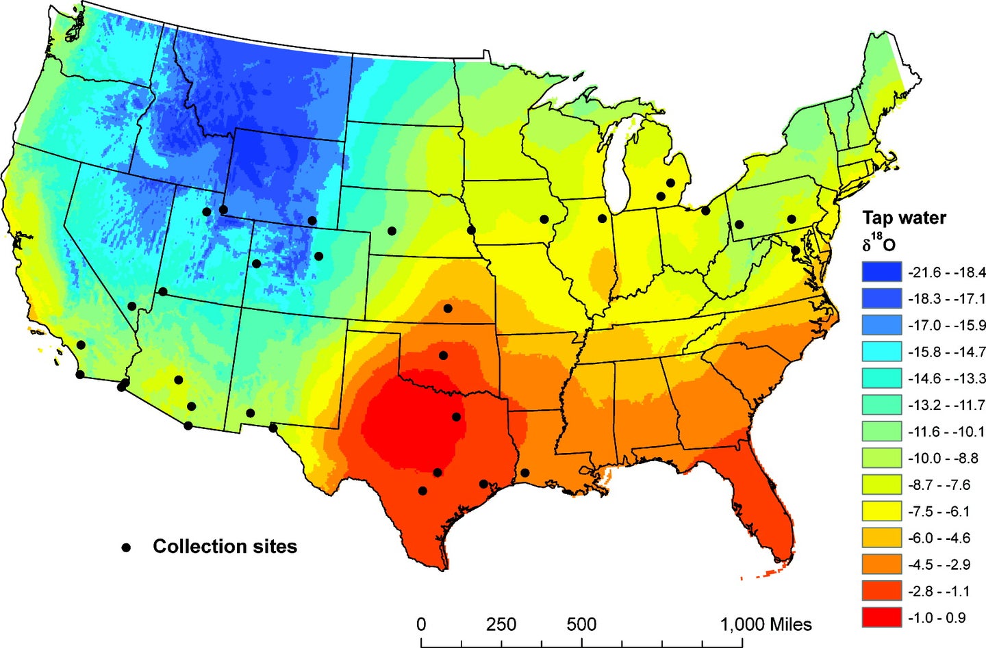 This tap water "isoscape" map shows how hydrogen and oxygen isotopes vary throughout the country. Geographic factors like latitude, altitude and proximity to coasts all play a role in this isotopic variation. The cities on the map show where the researchers tested tap water along with bottled water, soda and beer.