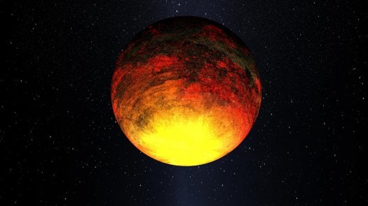 Kepler-10b is a rocky, dense and hellish planet just 1.4 times the size of Earth. It's not in the Goldilocks zone, orbiting much too close to its star for life to exist. It's so hot (about 2,500 degrees F at the surface) that boiled iron and silicates are flowing into the stellar wind, much like a comet's tail. Kepler-10b is more than 20 times closer to its star than Mercury is to the sun, and it whips around the star once every 0.84 days. Its average density is comparable to that of an iron dumbbell, says NASA — about 8.8 grams per cubic centimeter, or 0.32 pounds per cubic inch.