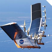 HIGH FLYER<br />
On Aug. 13, 2001, AeroVironment's Helios, built with NASA, flew to 96,863 feet, higher than any non-rocket-powered airplane ever had. Helios' 14 tiny propeller motors draw power from 62,000 solar cells. Researchers plan to equip the 247-foot-wingspan craft with a fuel cell so that it can stay aloft for several months.