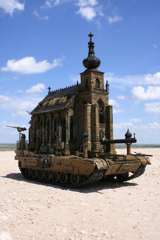 Is it a church-tank, or a tank-church? No idea! But artist <a href="http://kuksi.com/">Kris Kuksi</a> made a set of sculptures like this, and the world is a slightly stranger place for it.