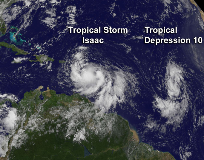 This image from NASA's GOES-13 satellite shows two active cyclones in the Atlantic -- tropical storm Issac, which will likely be a hurricane by late Thursday, and a new tropical depression.