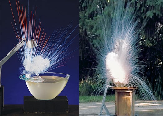 When dropped in water, potassium (left) catches fire instantly and throws molten material several yards, while cesium (right) creates a larger explosion. The reactions of these metals are not nearly as powerful as sodium explosions, however.