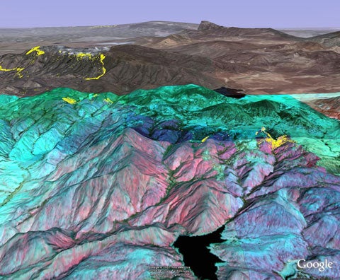 The McCoy fire in 3-D and with yellow highlighted hot spots.
