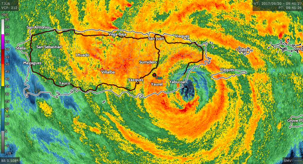 A radar image of Hurricane Maria making landfall in Puerto Rico on September 20, 2017.
