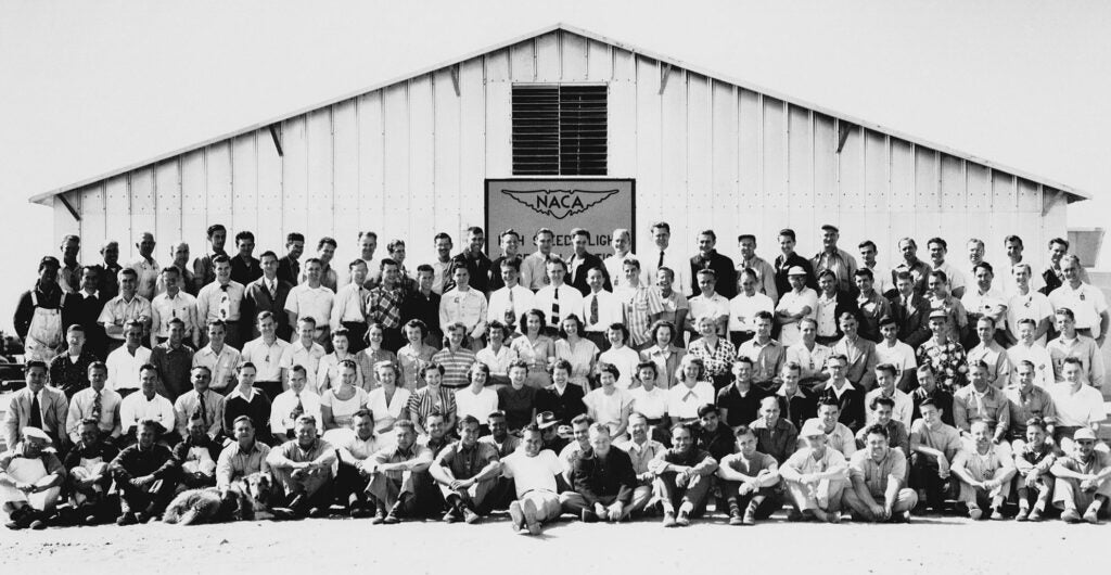 The entire High Speed Flight Station workforce in 1950, the men and women who worked with some of the earliest experimental rocket-powered aircraft.