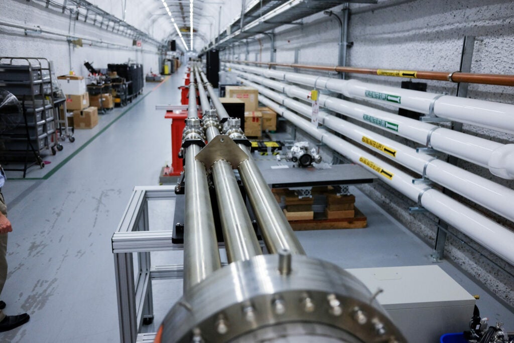 The X-Ray laser is split into parallel tubing to be distributed to the Far Experimental Hall.