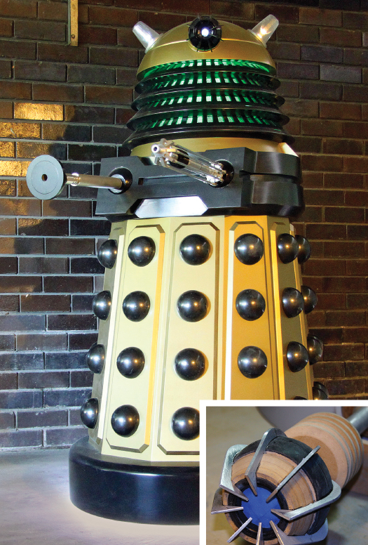 Jim Rossiter hacked a six-channel R/C remote to toggle the Dalek’s lights, swivel its head, and move its eye and arms up and down.