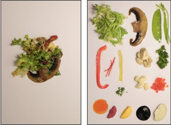 The regular salad on the left, the "neat" salad on the right. All salads contained the same ingredients, but diners strongly preferred the "Kandinsky" salad.