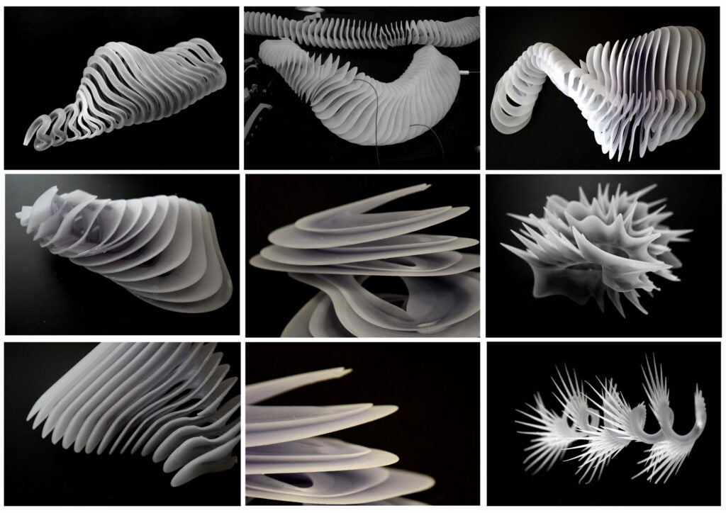 Van Dongen's second 3D-printing project, <em>Ruff</em>, was made in collaboration with architect Behnaz Farahi. They wanted to use 3D-printing technologies to create a dynamic, flexible shape that moved around the body. However, they learned the materials often used for 3D printing are rigid and easily broken. To counteract this, van Dongen and Farahi experimented by printing various spring-like plastic shapes. These structures proved to be much more durable and pliable.