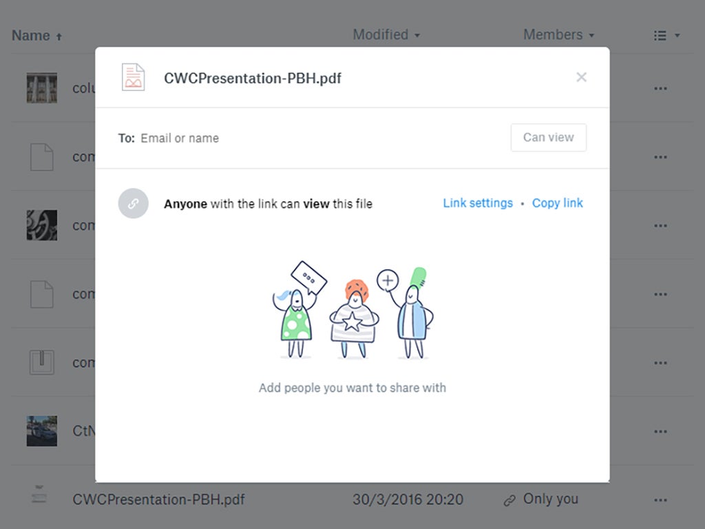 The Dropbox file sharing interface.