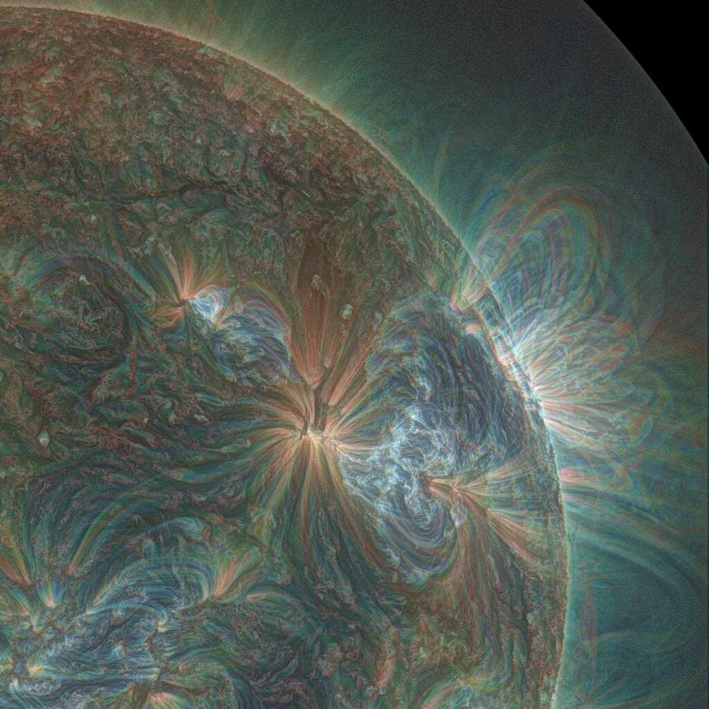 A solar flare is a burst of radiation that erupts from the sun's atmosphere across every wavelength of the spectrum. Solar flares are scary, and awesome, but rarely do they look so delicately beautiful. This is a composite image taken over the course of three days by NASA's Solar Dynamics Observatory. The red, green and blue colorization, added later, is used to designate three different wavelengths of light that act differently during a solar flare. <em>From July 4, 2014</em>