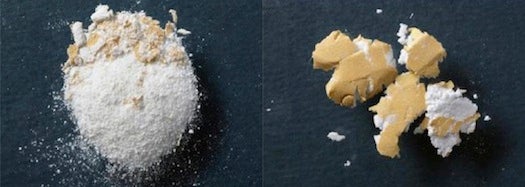 The pre-2010 OxyContin pill crushes into grains (left) while the newer formula is more difficult to break up (right).