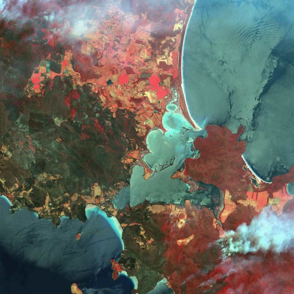 This image uses false coloring—the red actually represents healthy vegetation. Earlier this year, the area battled bush fires that <a href="http://www.theguardian.com/world/interactive/2013/may/26/firestorm-bushfire-dunalley-holmes-family">devastated Tasmania</a>, destroying a number of homes. The fires that happened in January (when this image was taken) were intensified to record temperatures by a heatwave.