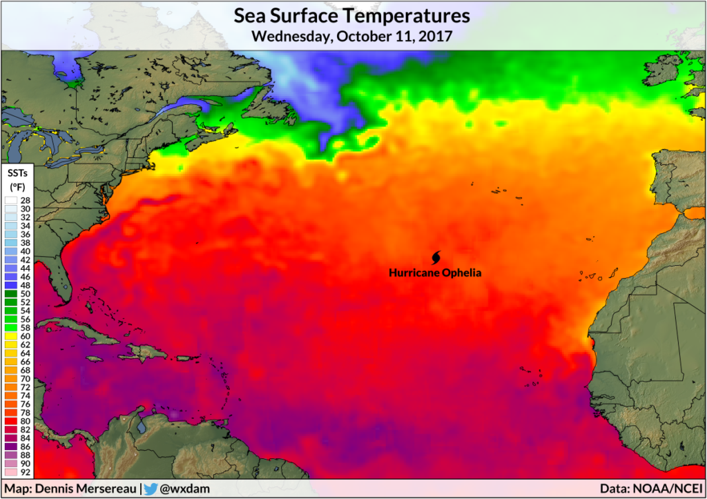 A map of sea surface temperatures in the Atlantic Ocean on October 11, 2017.