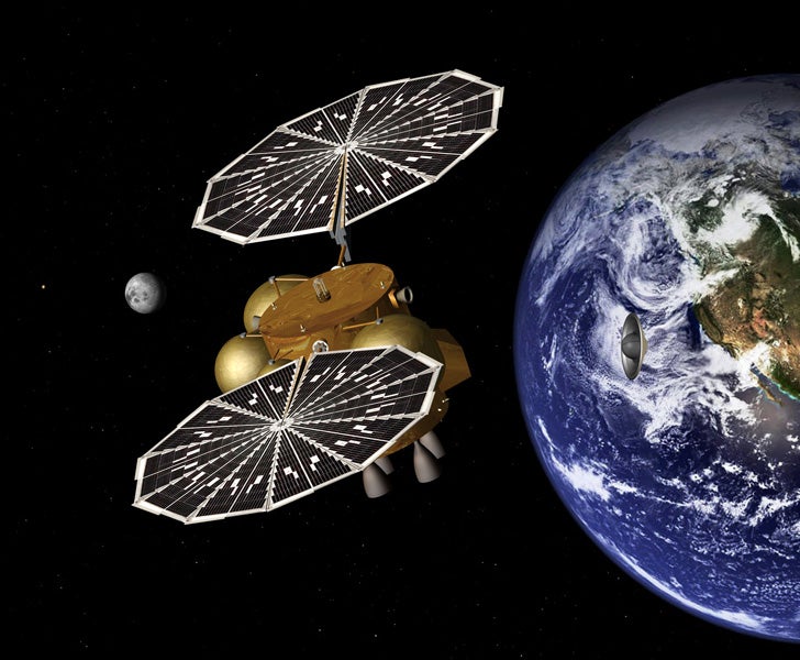 This artist's concept of a proposed Mars sample return mission portrays the separation of an Earth entry vehicle, bearing a container of Martian rock samples, from the main spacecraft that would have carried it from Martian orbit nearly to Earth. This is one possible architecture for a future Mars sample return; others involve humans in orbit, either around Earth or Mars, bringing the sample back themselves.