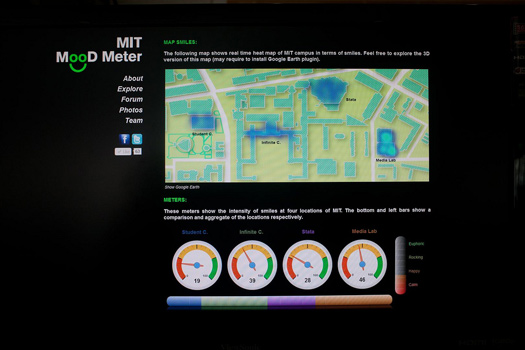 The Mood Meter website shows a live heat map of campus smiles in four locations around MIT.