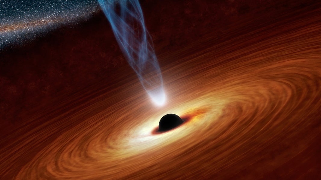 This artist's concept illustrates a supermassive black hole with millions to billions times the mass of our sun. It's surrounded by matter flowing onto the black hole in what is termed an accretion disk. Also shown is an outflowing jet of energetic particles, believed to be powered by the black hole's spin. High energy X-radiation lights up the disk, which reflects it, making the disk a source of X-rays. The reflected light enables astronomers to see how fast matter is swirling in the inner region of the disk, and ultimately to measure the black hole's spin rate.