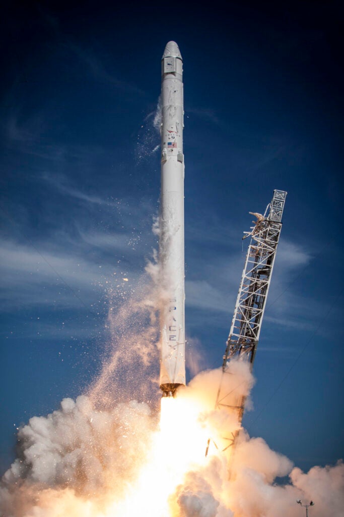 closeup of the SpaceX Falcon 9 launch