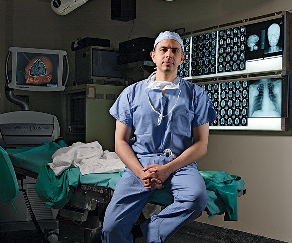 Neurosurgeon Ali Rezai of the Cleveland Clinic, just minutes after finishing a four-hour procedure to implant a brain pacemaker.