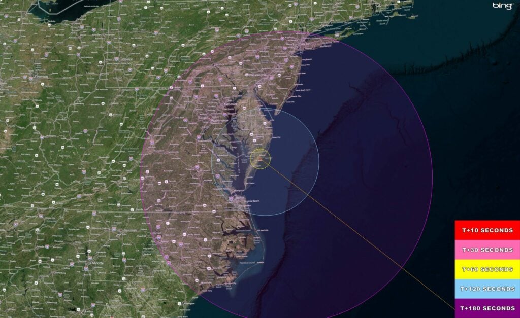 The Antares/Cygnus daylight rocket launch on Sept. 18, 2013 at 10:50 a.m. EDT from NASA Wallops, VA. will potentially be visible to millions of spectators along the Eastern US coast from Connecticut to North Carolina -weather permitting. This high resolution map shows the regions of visibility over time in the seconds after the rocket launch on a demonstration cargo resupply mission to the International Space Station.