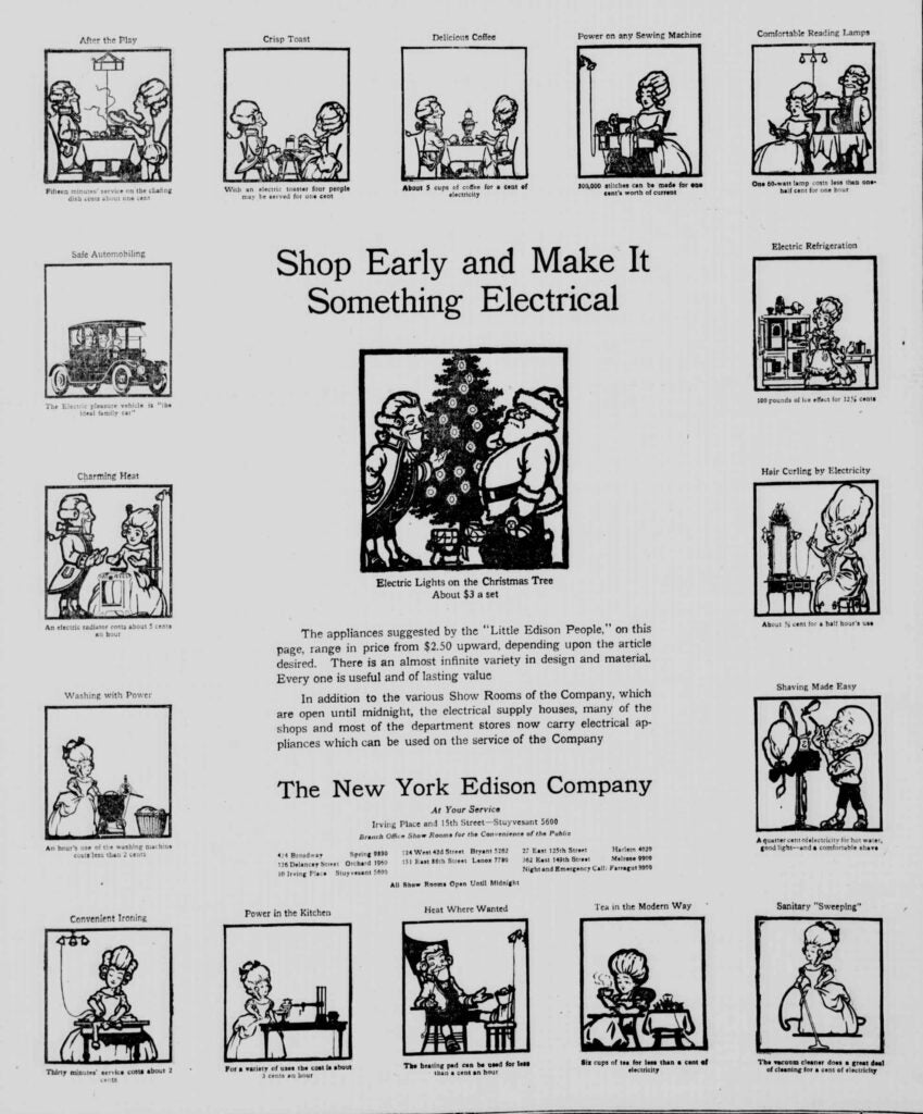 image of a 1916 ad showing cartoon people using electrical appliances