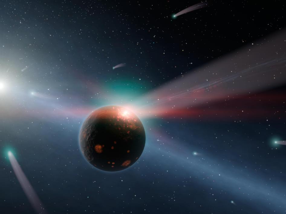 This is NASA's artist's rendition of the asteroid that struck Earth about four billion years ago. It was thought to have sterilized the planet due to heat, but a new study suggests that this was not the case--and that it may have even helped our planet along on its evolution to hosting life. Read more <a href="http://www.nasa.gov/home/hqnews/2009/may/HQ_09-111_Asteroids_Life_on_Earth.html">here</a>.