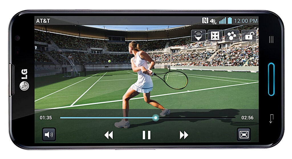 With its latest software update, the LG Optimus G Pro plays video only when someone's paying attention. The phone uses its front-facing camera and eye-tracking software to determine when you're looking away and then pauses the video. <a href="http://www.lg.com/us/cell-phones/lg-E980-optimus-g-pro">$100 with two-year service agreement</a>