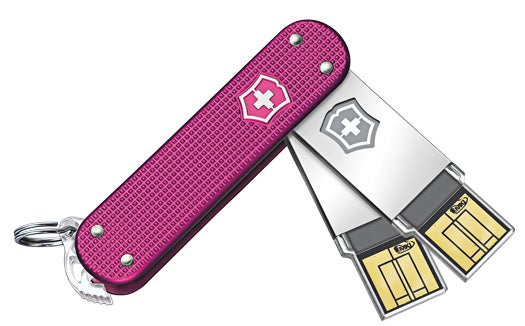 Victorinox's flash drive protects your data with its own life. If it detects a hacker closing in on its password, it will draw enough power from the computer's USB port to fry itself. <a href="http://www.swissarmy.com/multitools/Pages/Category.aspx?category=victorinox+flash+collection&amp;">Victorinox Swiss Army Slim</a> from $40