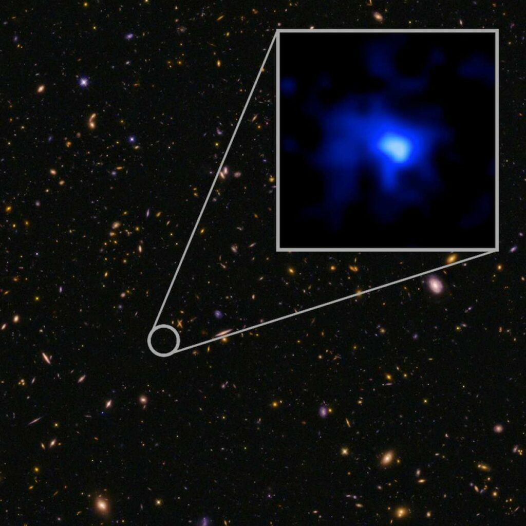 You're looking at a picture of <a href="https://www.popsci.com/found-farthest-ever-galaxy-earth/">the farthest galaxy ever found</a>. More than 13 billion light-years from Earth, the galaxy EGS-zs8-1 holds a very bright group of stars. Scientists originally identified it from Hubble and Spitzer images, but recent research pinpointed the exact location of the star cluster using Hawaii's Keck Observatory. Perhaps in EGS-zs8-1, on a remote desert planet orbiting two suns, a young Padawan is contemplating his destiny.