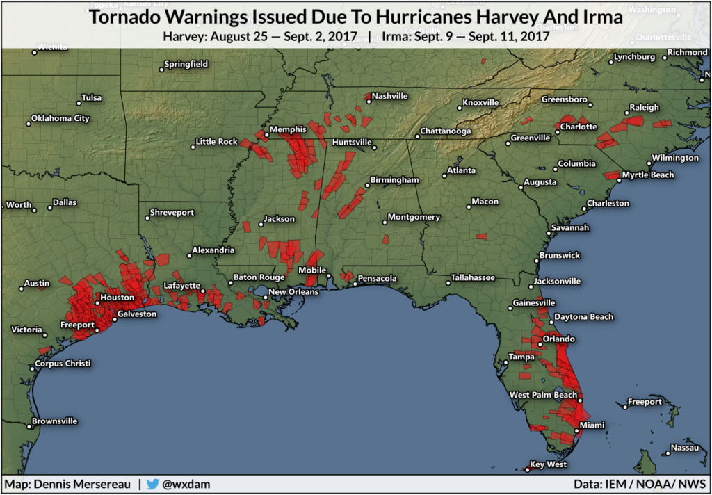 A map of tornado warnings issued as a result of Hurricanes Harvey and Irma.