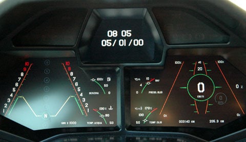 Owners have two display-interface options. This one is based on what you would find in an airplane, with a tachometer on the left and speedometer on the right.