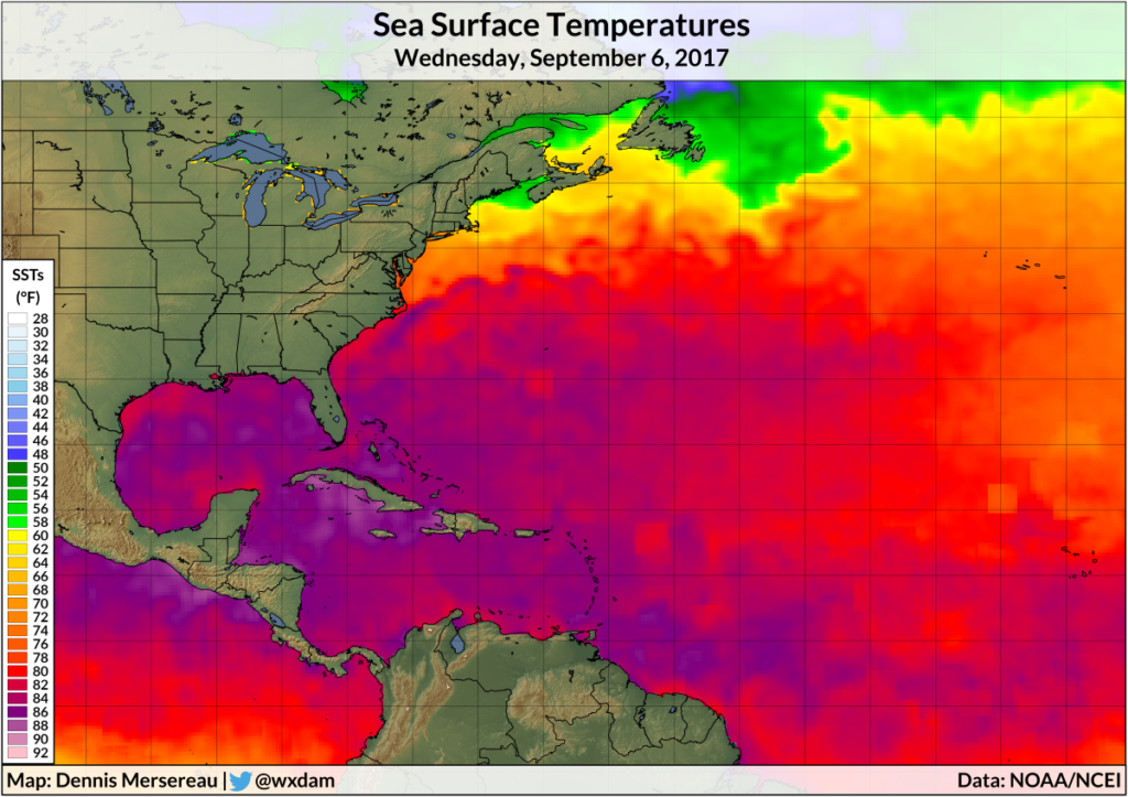 Sea surface temperatures in the Atlantic Ocean on September 6, 2017.
