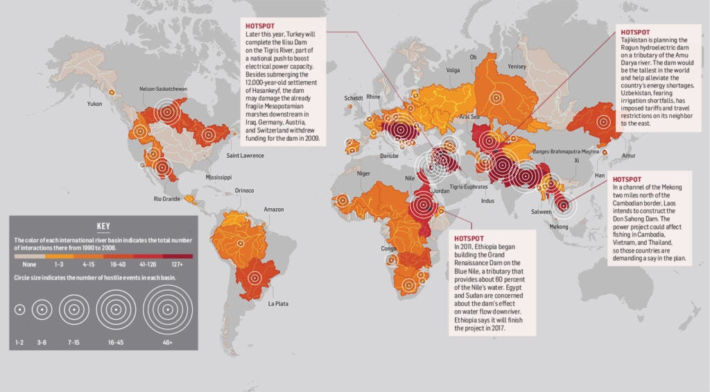 The map displays nearly 2,000 incidents, involving conflict and collaboration alike, over shared river basins from 1990 to 2008. The circles in the sidebar compare about 2,200 events—including another 200 disputes over resources other than shared rivers—from the same period.