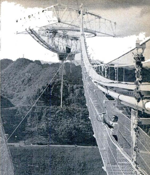 In the summer of 1967, radio astronomers at Cambridge University received peculiar signals while trying to measure the scintillation of quasars. After discovering more of these so-called pulsars, which hit the radio telescope with fantastic precision, the scientists hypothesized that the sounds were attempts at contact from intelligent beings. Pictured left is the Arecibo Ionospheric Observatory, a radio telescope operated in Puerto Rico by researchers at Cornell University. In 1974, scientists beamed a message from Arecibo to global cluster M13. It communicated, among other things, the numbers 1 through 10 and a graphic of our solar system. Read the full story in "Decoding Messages from Outer Space"